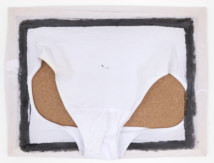 Tony Conrad Untitled (used to trouble), 2009 Acrylic, underwear, bulletin board 11 x 15 5/8 inches (27.9 x 39.7 cm)
