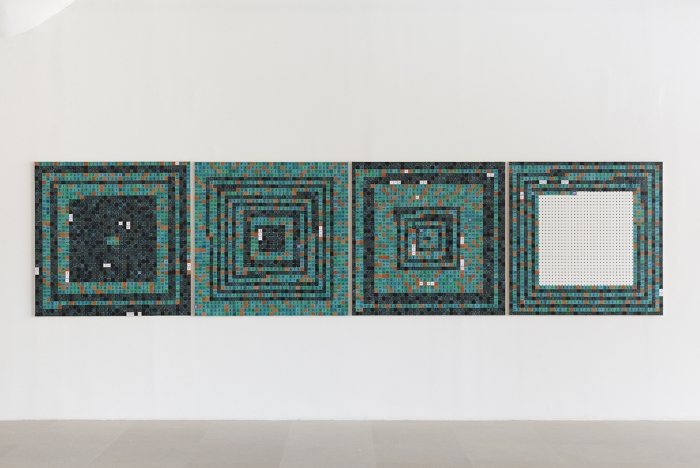 Allen Ruppersberg Three San Francisco Poets (Bill Berkson), 2017 Cut color copies on pegboard, pH neutral adhesive, wood backing, UV gloss medium coating 4 Panels: 48 x 48 x 1 inches (121.9 x 121.9 x 2.5 cm) each