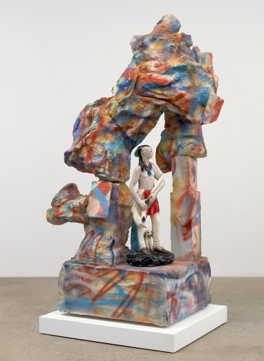 Rachel Harrison Boreas, marble, 2019 Wood, polystyrene, chicken wire, burlap, cement, enamel, and plaster figure 95 x 56 x 38 1/2 inches (241.3 x 142.2 x 97.8 cm)