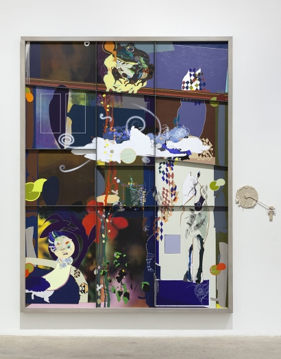 Helen Marten To be titled, 2018 Silkscreen and paint in ash frame, cast jesmonite, painted paper, galvanised nails 122 x 94 x 33 inches (309.9 x 238.8 x 83.8 cm)