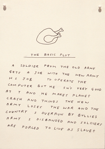 David Shrigley, The Basic Plot, 1996, Ink on paper, 8 1/4 x 16 inches