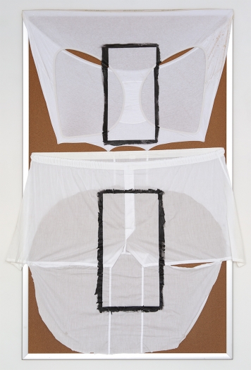 Tony Conrad Untitled (O me O me O you O my), 2009 Acrylic, underwear, bulletin board 60 x 36 inches (152.4 x 91.4 cm)