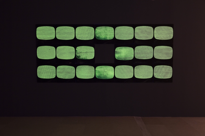 Tony Conrad Yellow Movie (video), 1973 citron Yellow Daylight Fluorescent Naz-Dar Screen Process Ink, Naz-Dar No. 5594, and Scrink Transparent Base, Craftint No. 493, applied over Super White Process Color, Art-Brite No. 700 on Black cards; GE F40BL Black Lights; contact microphones; speakers Twenty 20 x 20 x 1/8 inches (51 x 51 x .3 cm) each