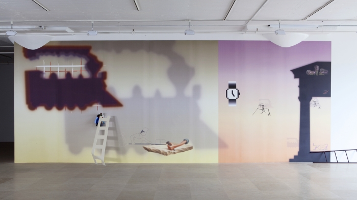 Helen Marten Some Civic Shades (Highball Hi Rise), 2011 Digitally printed wallpaper from vector drawing 128 x 388 x 21 inches (325.1 x 985.5 x 53.3 cm)
