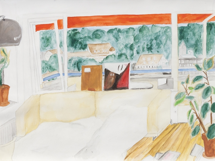 Juliette Blightman Scott's House, Bregenz, 2014 Gouache on paper Paper: 14 1/8 x 18 7 /8 inches (35.9 x 66 cm) Frame: 15 5/8 x 20 3/8 inches (39.7 x 51.8 cm)