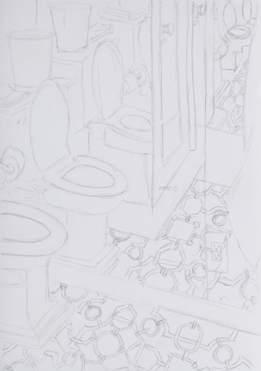 Juliette Blightman John Morace, Downstairs, LA, 2015 Graphite on paper Paper: 8 1/4 x 5 7/8 inches (21 x 14.9 cm) Frame: 9 3/4 x 7 1/2 inches (24.8 x 19.1 cm)