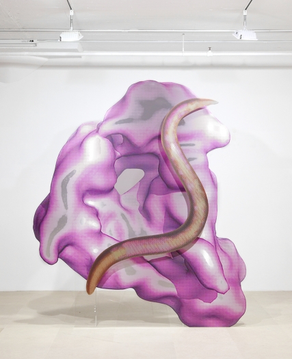 Katja Novitskova Storm Time Approximation (EM Map: S Pombe, C Elegans) , 2016 Digital print on 2 layers of aluminum, cutout display; plexiglass 110 x 94 7/8 x 34 1/2 inches (279.4 x 241 x 87.6 cm)