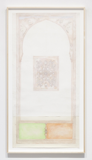 Katharina Wulff Untitled, 2014 Pencil, colored pencil, ink, transparent paper on paper Paper: 72 x 35 5/16 inches (182.9 x 89.7 cm) Frame: 77 1/2 x 41 1/4 x 2 inches (196.9 x 104.8 x 5.1 cm)