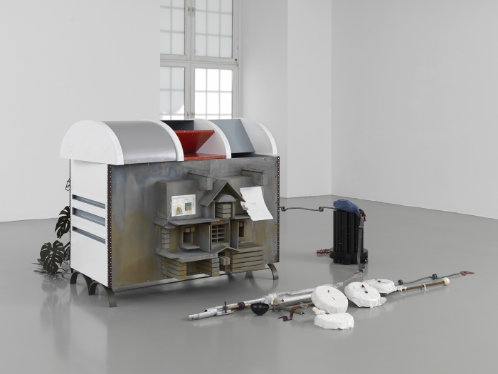 Helen Marten Parrot Problems, 2014 Welded steel, aluminium, fabric, wood, string, cast plaster, latex, rubber, stitched suede, prosthetic eyeballs, rivets, hammer, galvanised painted cardboard 53 1⁄8 x 59 x 51 1⁄4 in (134.94 x 149.86 x 130.18 cm)