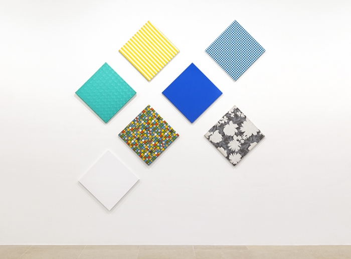 Konrad Lueg, Komposition aus 7 Flächen, 1966, Plastic film on wood (seven pieces), 78 3/4 x 118 1/8 inches, 19 3/4 x 19 5/8 each