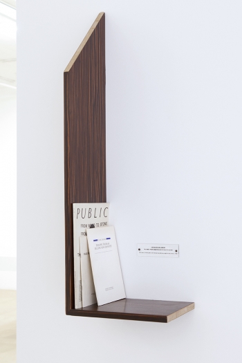 Jacques Salomon Les ready-made appartiennent à tout le monde. Morceaux choisis pour une révision du droit au registre des auteurs (Piece chosen for a revision of the right reserved to authors), 1987 Shelf in grained ebony, revue "Public", n. 3, "Frage der Präsentation" and "Philippe Thomas décline son idéntité" belonging to Daniel Bosser, title card with text: "JACQUES SALOMON Morceaux choisis pour une révision du droit au registre des auteurs 1987" Shelf: 96 x 24 x 32 inches (243.8 x 61 x 81.3 cm) Title Card: 1 5/8 x 5 3/8 inches (3.9 x 13.9 cm)