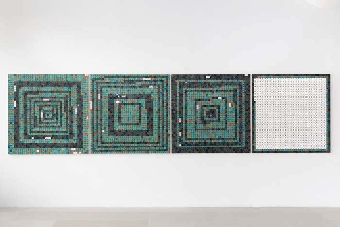 Allen Ruppersberg Three San Francisco Poets (Bruce Conner), 2017 Cut color copies on pegboard, pH neutral adhesive, wood backing, UV gloss medium coating 4 Panels: 48 x 48 x 1 inches (121.9 x 121.9 x 2.5 cm) each