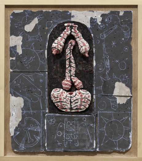 Richard Hawkins Nawiki, Father God the Hermaphrodite, 2016 Glazed ceramic in artist's frame 25 3/4 x 22 3/4 x 3 inches (65.4 x 57.8 x 7.6 cm)