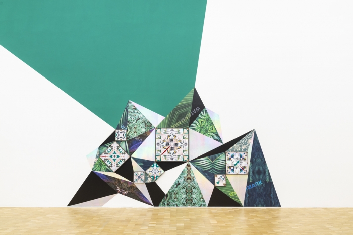Haegue Yang, Voltaic Montane – Trustworthy #359, arious security envelopes, graph paper, sandpaper, laser prints, self-adhesive holographic and reflective vinyl film on cardboard, framed, self-adhesive holographic vinyl film and digitally color printed vinyl film, paint