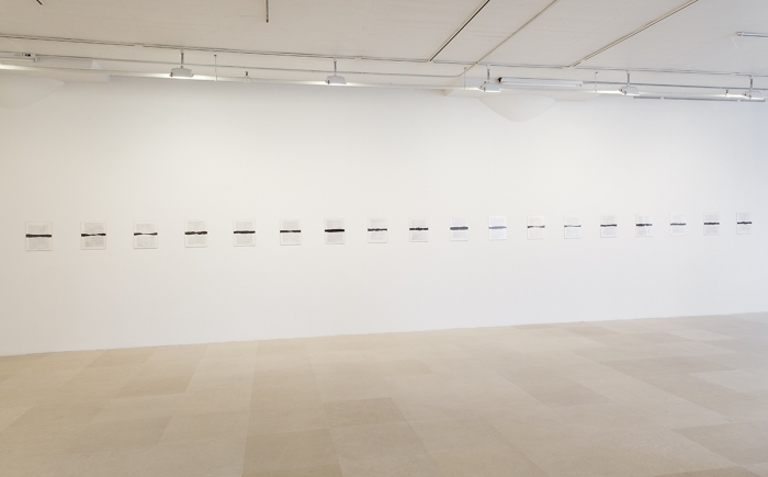 Tim Rollins & K.O.S, The River - Meander (after Duke Ellington), 2012, Indigo ink, acrylic, photocopy on cotton paper on wood, 18 panels each: 11 x 14 inches (27.9 x 35.6 cm)