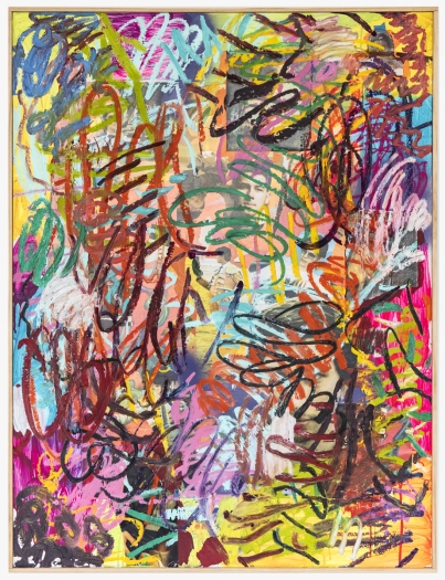 A Lure Painting #1, 2019, Oil stick and collage on panel, 48 3/4 x 36 3/4 x 1 1/2 inches (123.8 x 93.3 x 3.8 cm)