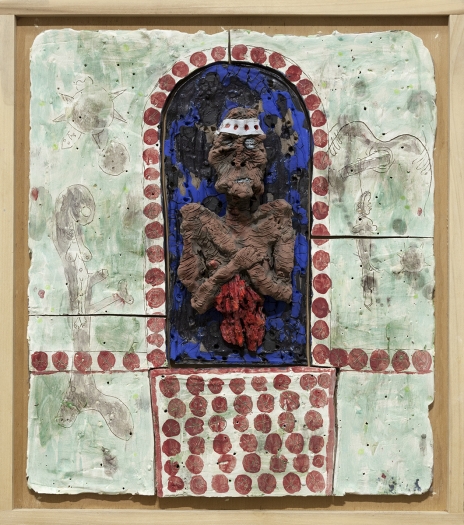 Richard Hawkins Blood Eucharist of Norogachi, 2016 Glazed ceramic in artist's frame 25 3/4 x 22 3/4 x 4 1/2 inches (65.4 x 57.8 x 11.4 cm)