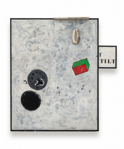 Hervé Télémaque La boîte à malice (The bag of tricks), 1963 Oil on canvas with a plastic sausage 58.66 x 55.51 x 7.09 inches (149 x 141 x 18 cm)