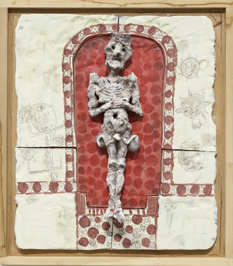 Richard Hawkins Noragachian Castrated Priest of the Sun, 2016 Glazed ceramic in artist's frame 25 3/4 x 22 3/4 x 3 3/4 inches (65.4 x 57.8 x 9.5 cm)
