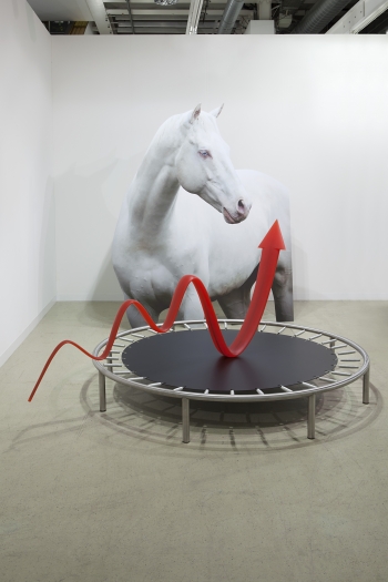 Pattern of Activation, 2014 digital print on aluminum, cutout display; polyurethane, steel; aluminum, stainless steel cutout display, 250 x 200 x 35 cm trampoline and arrow sculpture, 145 x 250 x 200 cm