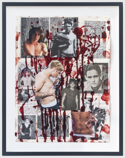 The Collage Killer #6, 2018, Fake blood and collage on paper, 15 3/4 x 11 7/8 inches (40 x 30.2 cm) Frame: 18 1/4 x 14 1/4 inches (46.4 x 36.2 cm)