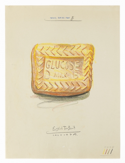 Candy Jernigan, Travel Series – Part 8, English Tea Biscuit – Calcutta, 1984, Pastel and rubber stamp on paper, Image: 24 x 18 inches (61 x 45.7 cm), Frame: 28 1/4 x 22 1/4 x 1 1/2 inches (71.8 x 56.5 x 3.8 cm)