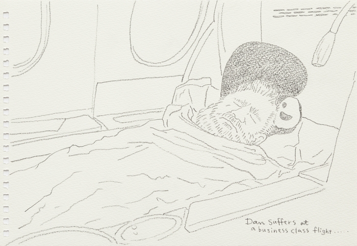 Mieko Meguro Dan Suffers At A Business Class Flight..., 2016 Graphite on paper Image: 6 3/8 x 9 7/8 inches (16.5 x 25.1 cm) Frame: 9 1/2 x 12 1/2 x 1 1/8 inches (24.1 x 31.7 x 3.0 cm)
