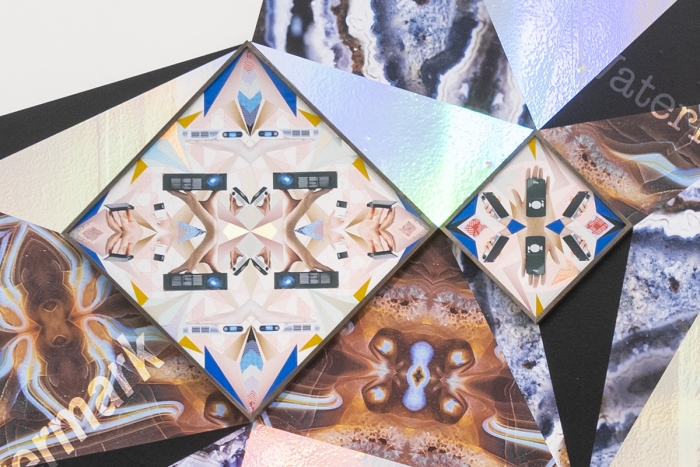 Haegue Yang (Detail) Crystalline Hovering and Projecting – Trustworthy #36, Various security envelopes, graph paper, laser prints on paper, self-adhesive holographic and reflective vinyl film on cardboard, framed, self-adhesive holographic and digitally color printed vinyl film