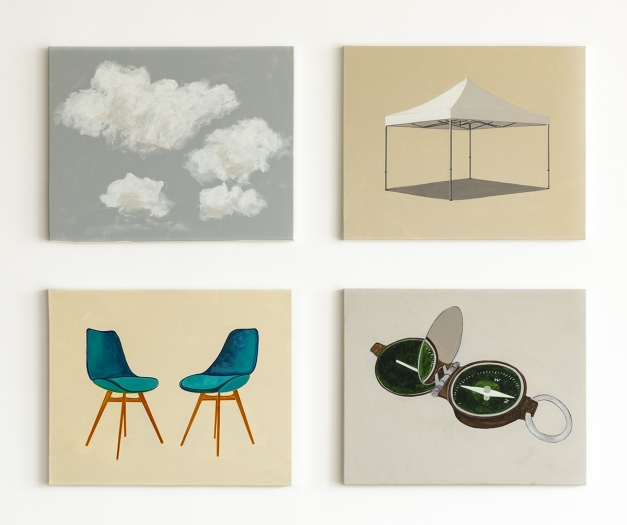 William Leavitt Clouds, Canopy, Chairs, Compass, 2019 Acrylic on canvas 24 x 30 inches (61 x 76.2 cm) each