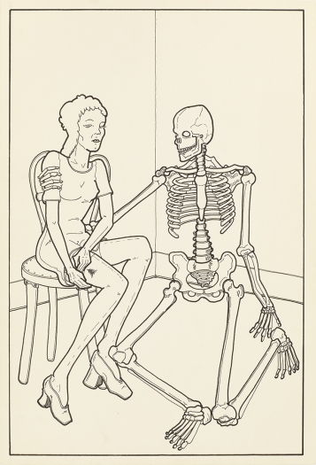 Mayo Thompson Death and the Lady , 1972 Ink on paper Paper: 14 x 9 1/2 inches (35.6 x 24.1 cm) Frame: 17 7/8 x 13 3/8 inches (45.4 x 34 cm)