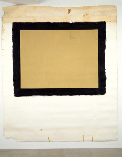 Tony Conrad Yellow Movie 4/3/73, 1973 Emulsion: Honey beige low lustre enamel, water base, tinted midtone base Base: Studio white seamless paper 126 1/2 x 107 inches