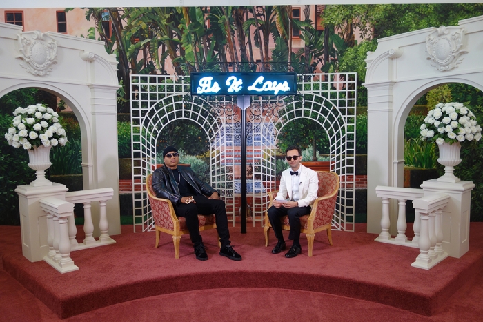Alex Israel, As It Lays 2, 2019 (Production still with LL Cool J and Alex Israel) Talk show set and video installation 33 episodes, total running time: 5 hours, 49 minutes, 4 secs