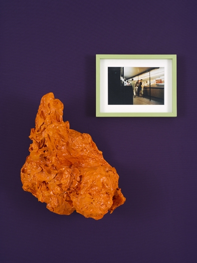 Rachel Harrison, Seconds, 1996, Wood, papier-mâché, acrylic, polyester, and chromogenic print, 64 x 60 x 9 inches