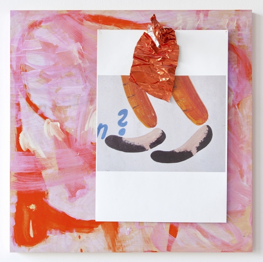Rachel Harrison, Two Legs, 2010, Paint, print, foil on wood panel, 24 x 24 inches (61 x 61 cm)
