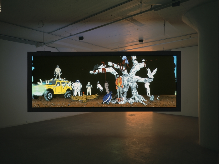 My birds... trash... the future., 2004, two channel digital projection installation, Installation view, Greene Naftali, New York, 2004