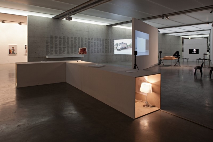 Josef Strau Untitled, 2012 Ink, beads, adhesive on cavas, wood, tape, inkjet prints, mp3 players, mixed media lamps Variable dimension