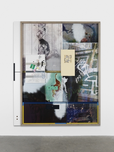 Helen Marten Knockoff Venus, 2015 Screen printing and painting on leather, suede, cotton, velvet; stained and sprayed Ash; inlaid Formica; Walnut; cast Jesmonite 118 x 98 1/2 x 4 1/4 inches (299.7 x 250.2 x 10.8 cm)