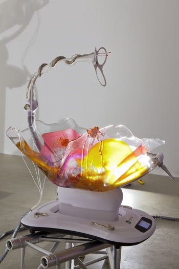 Katja Novitskova Mamaroo (Storm Time, Robotic Bugs), 2016 Electronic baby swing, polyurethane resin, epoxy foam clay, wall fixtures, robotic bugs 34 x 29 x 31 inches (86.4 x 73.7 x 78.7 cm)