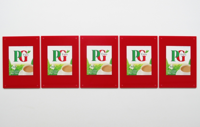 Michaela Meise PG Tips, 2009 Plexiglas, printed cardboard, five parts 11 x 44 3/8 inches (27.9 x 112.7 cm) overall 11 x 8 inches (27.9 x 20.3 cm) each