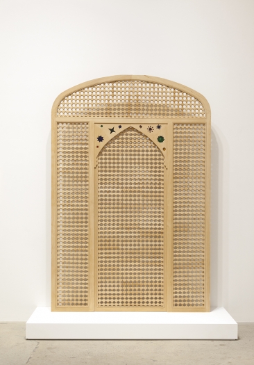 Katharina Wulff Tifaout ntitrit, 2014 Mashrabiya, Cedar wood, Iraqi glass 93 1/2 x 62 5/8 x 1 13/16 inches (237.5 x 159.1 x 4.6 cm)