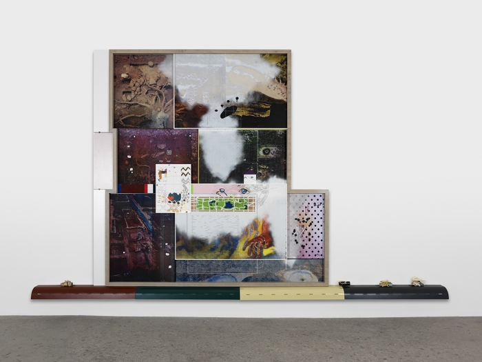Helen Marten Limpet Apology (traffic tenses), 2015 Screen printing and painting on leather, suede, cotton, velvet; stained and sprayed Ash; folded steel; enamel paint on Balsa wood; airbrushed steel; magnets; inlaid Formica; Cherry 123 1/2 x 204 x 7 1/2 inches (313.7 x 518.2 x 19.1 cm)
