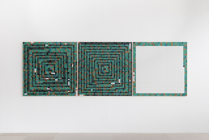 Allen Ruppersberg Three San Francisco Poets (Jess), 2017 Cut color copies on pegboard, pH neutral adhesive, wood backing, UV gloss medium coating 3 Panels: 48 x 48 x 1 inches (121.9 x 121.9 x 2.5 cm) each