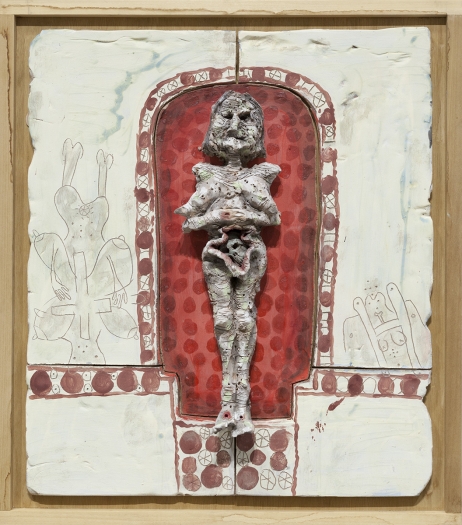 Richard Hawkins Norogachian Prostitute Priestess of the Sun, 2016 Glazed ceramic in artist's frame 25 3/4 x 22 3/4 x 3 1/2 inches (65.4 x 57.8 x 8.9 cm)