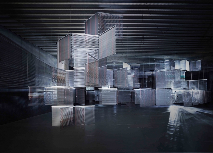 Cittadella 2011 Aluminum Venetian blinds, aluminum hanging structure, powder coating, steel wire, moving spotlights, scent emitters (Campfire, Mountain Mist, Oudh, Rainforest, Cedarwood, Ocean, Fresh Cut Grass, Tamboti Wood) Dimensions variable