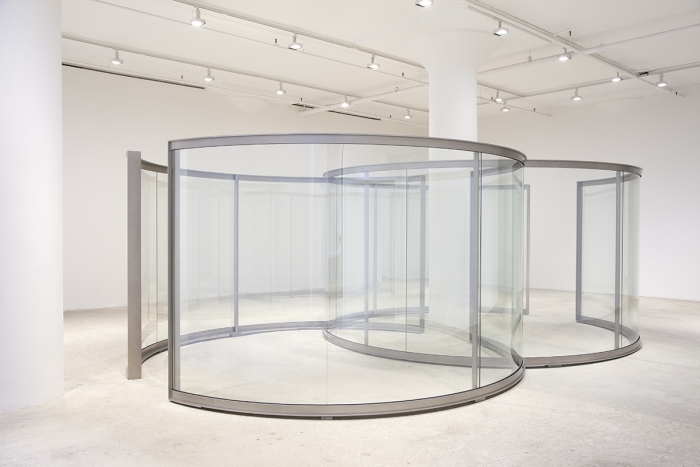Dan Graham Dancing Circles, 2018 Stainless steel, two-way mirror glass 90 9/16 x 179 1/2 x 287 2/8 inches (230 x 456 x 729.5 cm)