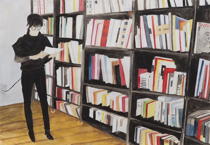 Juliette Blightman Anna And The Libranry, Mehrigndamm, 2014 Grouache on paper 10 7/8 x 15 7/8 inches (27.6 x 40.3 cm) 12 1/2 x 17 1 /2 inches (31.8 x 48.3 cm)