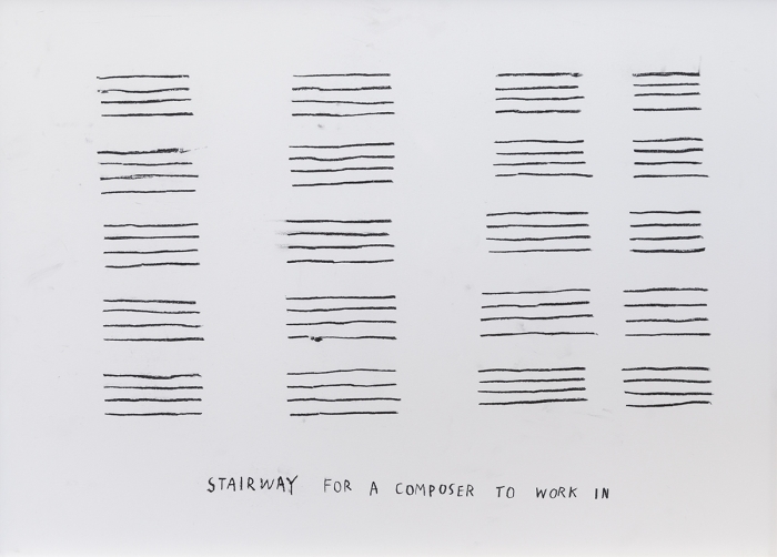 Christine Sun Kim Stairway For A Composer To Work In, 2016 Charcoal on paper Paper: 19 5/8 x 27 1/2 inches (49.8 x 69.9 cm) Frame: 20 1/2 x 28 1/4 inches (52.1 x 71.8 cm)