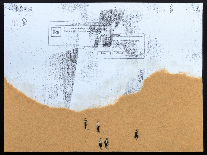 Trisha Baga Idle babel, 2017 Seeds on foam, wood 47 1/2 x 63 x 2 inches (120.7 x 160 x 5.1 cm)