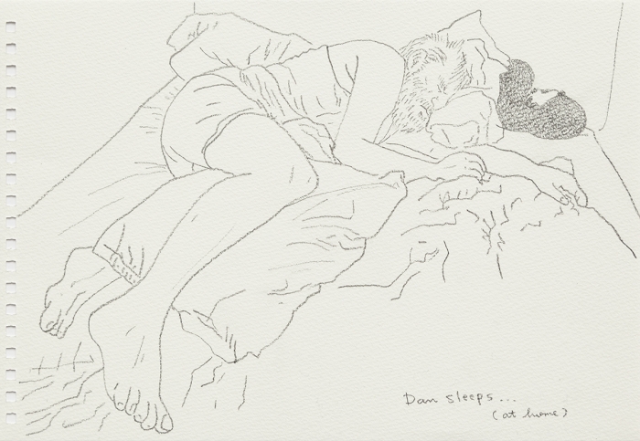 Mieko Meguro Dan Sleeps...(At Home), 2016 Graphite on paper Image: 6 3/8 x 9 7/8 inches (16.5 x 25.1 cm) Frame: 9 1/2 x 12 1/2 x 1 1/8 inches (24.1 x 31.7 x 3.0 cm)