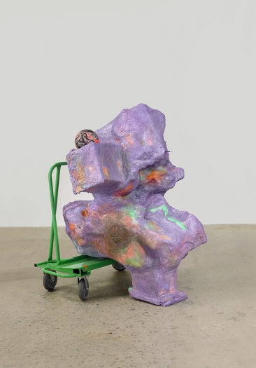 Rachel Harrison Bears Ears, 2017 Wood, polystyrene, chicken wire, cardboard, burlap, cement, acrylic, enamel, Nu-Wave drywall cart, soccer ball, and USB flash drive with 38 Harun Farocki films 67 1/4 x 51 1/2 x 53 3/4 inches (170.8 x 130.8 x 136.5 cm)